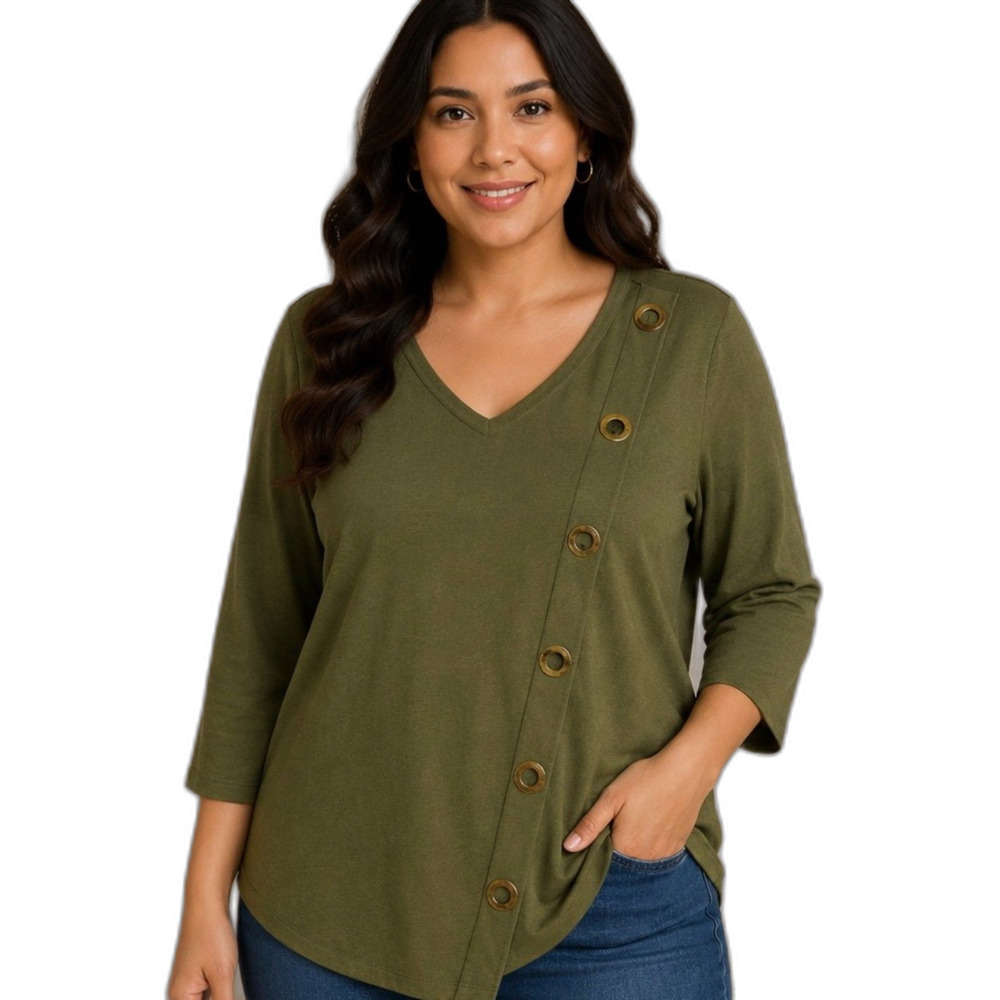 By design Olive Green V-Neck 3/4 Sleeve shirt - Size XL